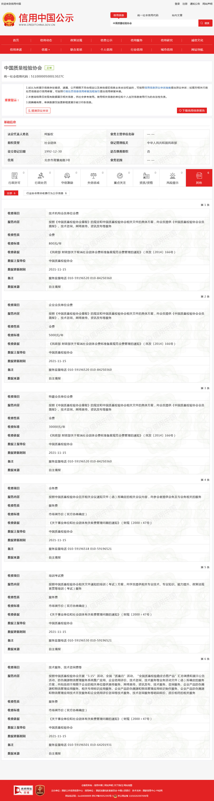 信用中國公示 中國質(zhì)量檢驗(yàn)協(xié)會統(tǒng)一社會信用代碼：51100000500013027C